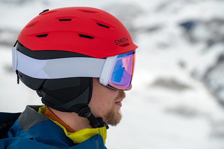 Man wearing snowboard helmet